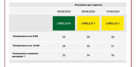 Screen del bollettino del Ministero con la tabella contenente i dati sulle temperature effettive e percepite previste