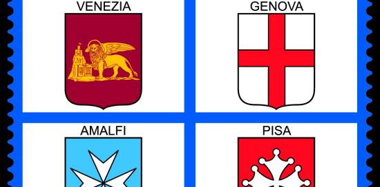 Il francobollo con, in senso orario, gli stemmi di Venezia, Genova, Pisa e Amalfi