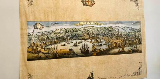 arazzo con veduta del porto di Genova in epoca antica con scritta Genua