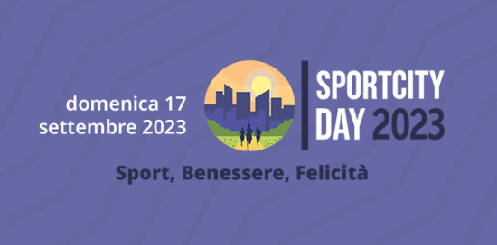 locandina Sport City Day 2023, sfondo viola e sottotitolo "Sport, benessere, felicità"