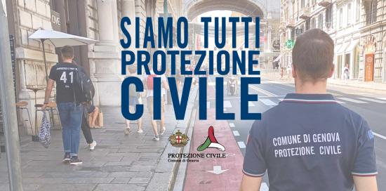 Siamo tutti Protezione Civile", foto scattata in via XX settembre con volontario fotografato di spalle verso Ponte Monumentale
