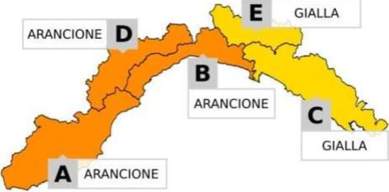 Cartina della Liguria con colori giallo e arancione a seconda dei bacini e del tipo di allerta emanata