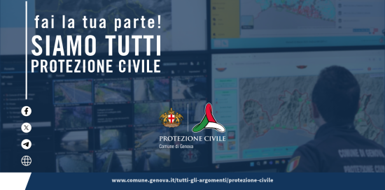 Foto di un operatore davanti a un monitor e, in primo piano, la scritta "Siamo tutti Protezione Civile"