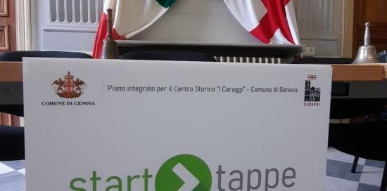 Banner di Start Tappe nel Salone dove si riunisce il Consiglio del Municipio II Centro Ovest, a Sampierdarena