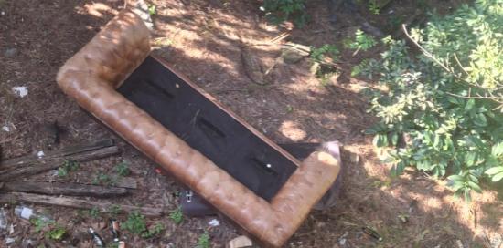 Un grosso divano, sedie ed altri rifiuti scaricati dalla strada in una area verde Un grosso divano, sedie ed altri rifiuti scaricati dalla strada in una area verde