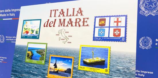 Il pannello con i 5 francobolli di Italia del Mare tra cui quello delle Repubbliche Marinare