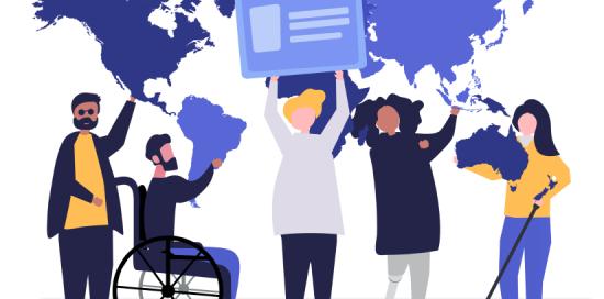 immagine stilizzata persone con differenti disabilità, card e carta geografica del mondo
