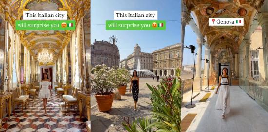 Tre immagini affiancate di luoghi genovesi con la didascalia in inglese "Questa città ti sorprenderà""