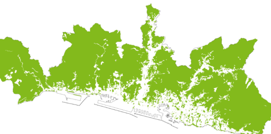 Cartina del territorio del Comune di Genova dove emerge la prevalenza della superficie a verde