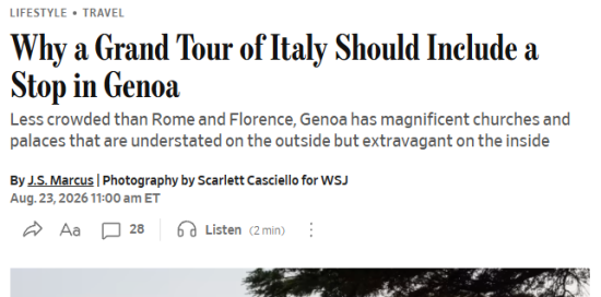 Ritaglio dell'inizio dell'articolo con il titolo "Why a Grand Tour of Italy Should Include a Stop in Genoa" Ritaglio dell'inizio dell'articolo con il titolo "Why a Grand Tour of Italy Should Include a Stop in Genoa"