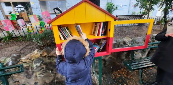 Un bimbo inserisce il suo libro nella casetta