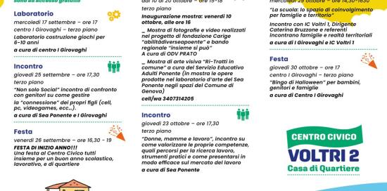 La locandina con l'elenco degli eventi in programma al Centro Civico "Voltri 2"
