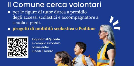 La locandina dell’iniziativa: una signora con la pettorina accanto a due bimbi con lo zaino in spalla