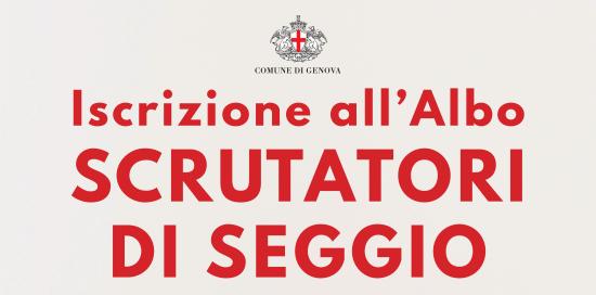 Grafica Comune di Genova con scritto, in rosso su sfondo grigio "Iscrizione allalbo scrutatori di seggio"