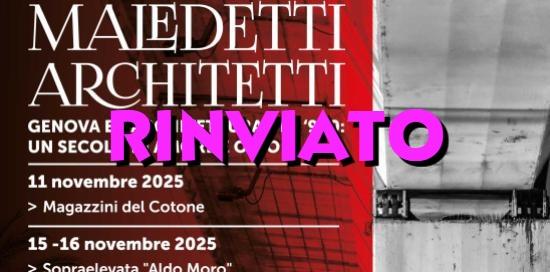 La locandina di &quot;Maledetti Architetti&quot; con in sovrimpressione la scritta &quot;RINVIATO&quot;