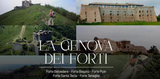 Grafica di presentazione del progetto, con un collage dei cinque forti e al centro la scritta "La Genova dei Forti"