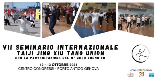 Locandina evento - titolo sormontato da quattro fotografie che ritraggono alcuni praticanti di Tai Chi in azione