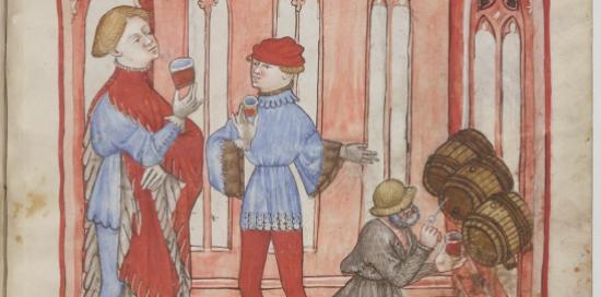 un assaggio di vino in cantina in manoscritto medievale