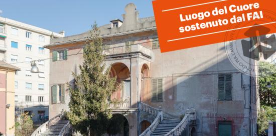 Una foto della facciata di Villa Pallavicini a Rivarolo sormontata da alcune info sul progetto