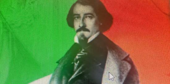 ritratto di Mameli sullo sfondo del tricolore