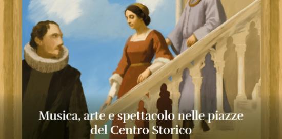 Locandina "Fuori dai Rolli": persone in costumi rinascimentali scendono uno scalone con il cielo sullo sfondo
