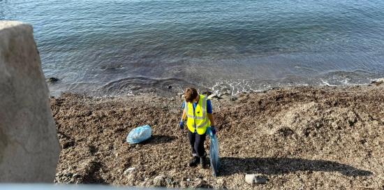 Operatore di Amiu toglie rifiuti dalla spiaggetta del Porticciolo di Nervi