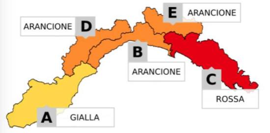 Mappa Liguria con i bacini di colori diversi a seconda dei bacini e della relativa tipologia di allerta, arancione per Genova 