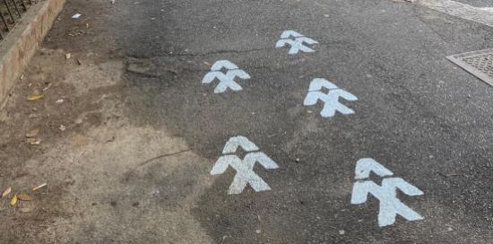 Un marciapiedi con alcune frecce che indicano il percorso Pedibus 