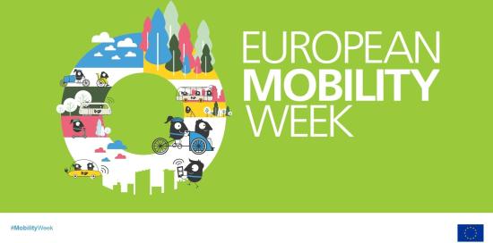 locandina della European Mobility Week: una grafica con stilizzate tutte le modalità di mobilità urbana green