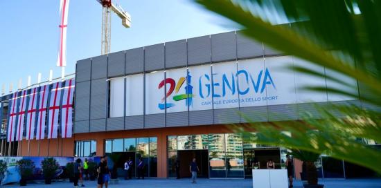 Esterno Palasport con logo Genova 2024