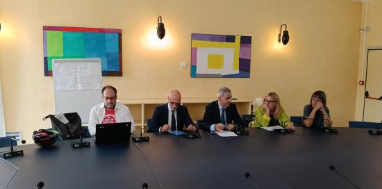 I relatori presenti alla conferenza: assessore Robotti, assessore Bruzzone e Lodi e due dipendenti comunali