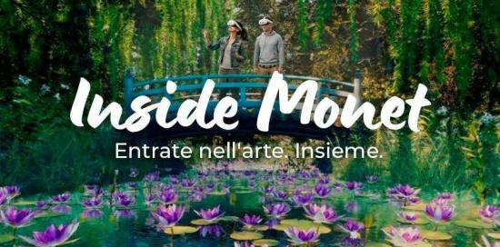 Locandina di "Inside Monet": due persone indossano un visore su un ponticello che sovrasta un laghetto con ninfee