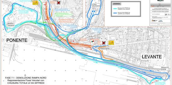 la viabilità di via Siffredi modificata per i lavori di demolizione della rampa nord 