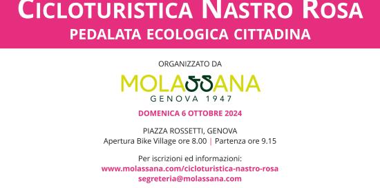 Locandina dell'evento: in alto, un gruppo di ciclisti con la maglietta rosa pedalano su strada all'interno della natura