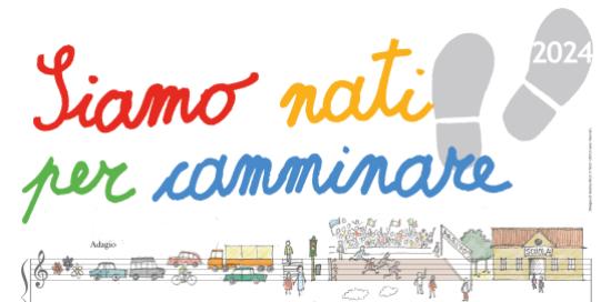 Il logo multicolore di Siamo Nati per Camminare, con un pentagramma attorno a cu viene disegnata una città più sostenibile