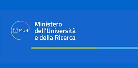 Logo Ministero Università e ricerca: scritta bianca su sfondo blu