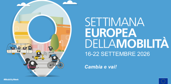 Locandina settimana europea della mobilità: sfondo azzurro e scritte in bianco