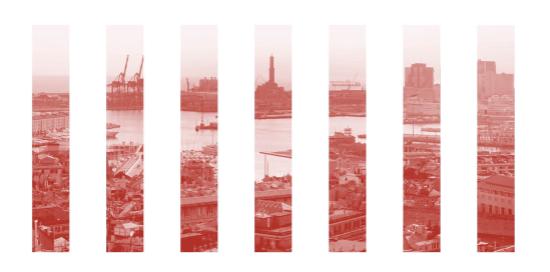 Cartolina del centro di Genova "spezzettato": in primo piano centro storico e Porto Antico, la Lanterna sullo sfondo