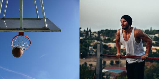 La foto di un tabellone da basket e, accanto, un ragazzo che si allena in un'area fitness