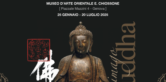 flyer mostra - una statua del Buddha e accanto il titolo della mostra