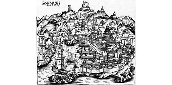 Michael Wohlgemuth, Genova, da "Il Liber Chronicarum" di Hartmann Schedel (1483) Michael Wohlgemuth, Genova, da "Il Liber Chronicarum" di Hartmann Schedel (1483)