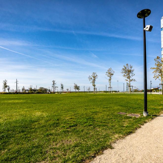 Polo Tecnologico Degli Erzelli, esterno parco con area verde e palazzo ospitante aziende tecnologiche 