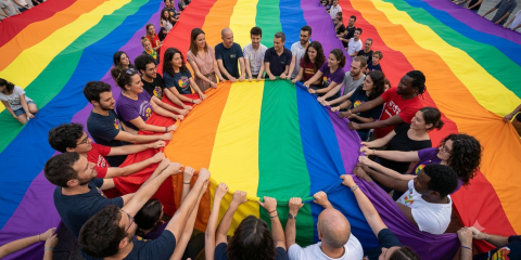 Ragazze e ragazzi sollevano il lembo di una maxi bandiera arcobaleno