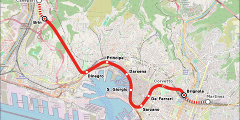 Mappa con il tracciato della metropolitana genovese e le due tratte in stato di lavorazione