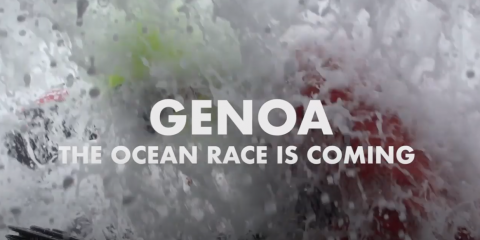 spruzzi d'acqua e scritta genova the ocean race is coming
