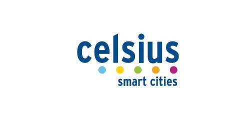 Logo con testo celsius, cinque figure cerchio colorate e testo smart cities