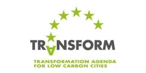 Logo con testo TRANSFORM, cinque stelle e testo transformation agenda for low carbon cities
