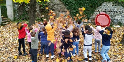 giochi con le foglie secche  in giardino 