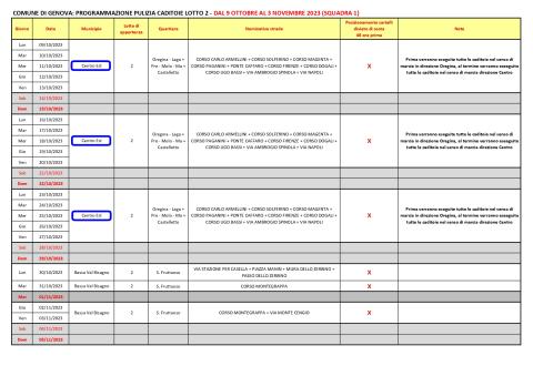 Programmazione pulizia caditoie DAL 9 OTTOBRE AL 3 NOVEMBRE 2023 