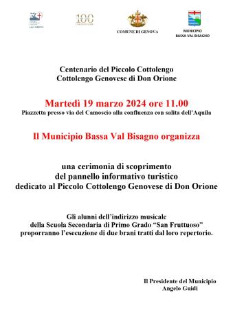 Inaugurazione del pannello informativo turistico dedicato al Piccolo Cottolengo Genovese di Don Orione
